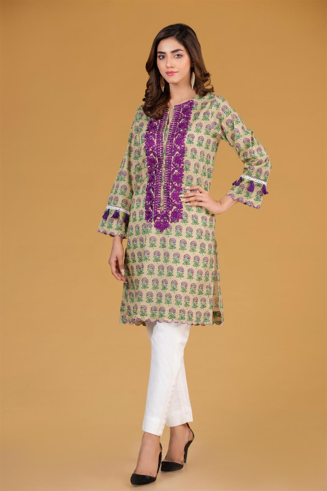 Yellow Cambric Digital Printed Embroidered Shirt