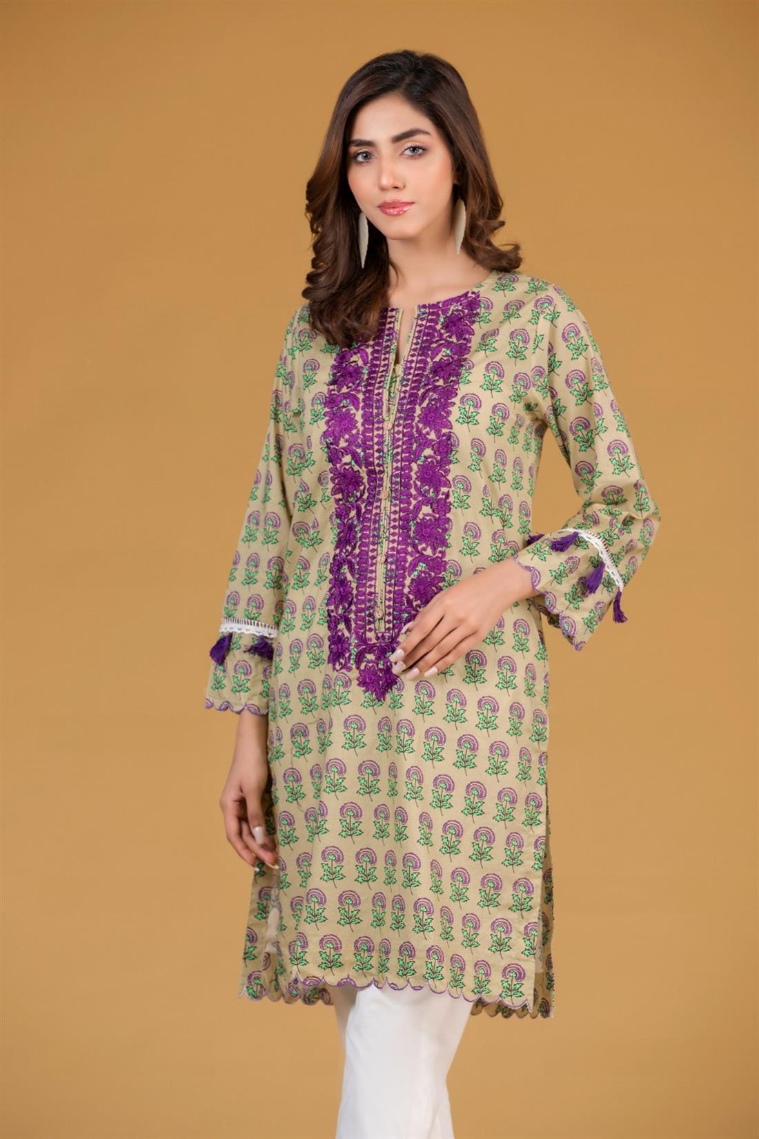 Yellow Cambric Digital Printed Embroidered Shirt