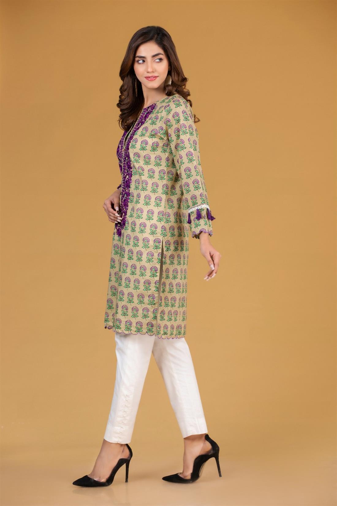 Yellow Cambric Digital Printed Embroidered Shirt