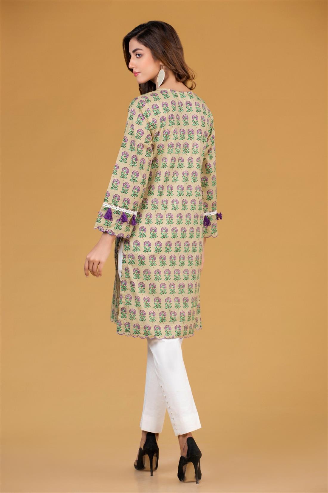 Yellow Cambric Digital Printed Embroidered Shirt