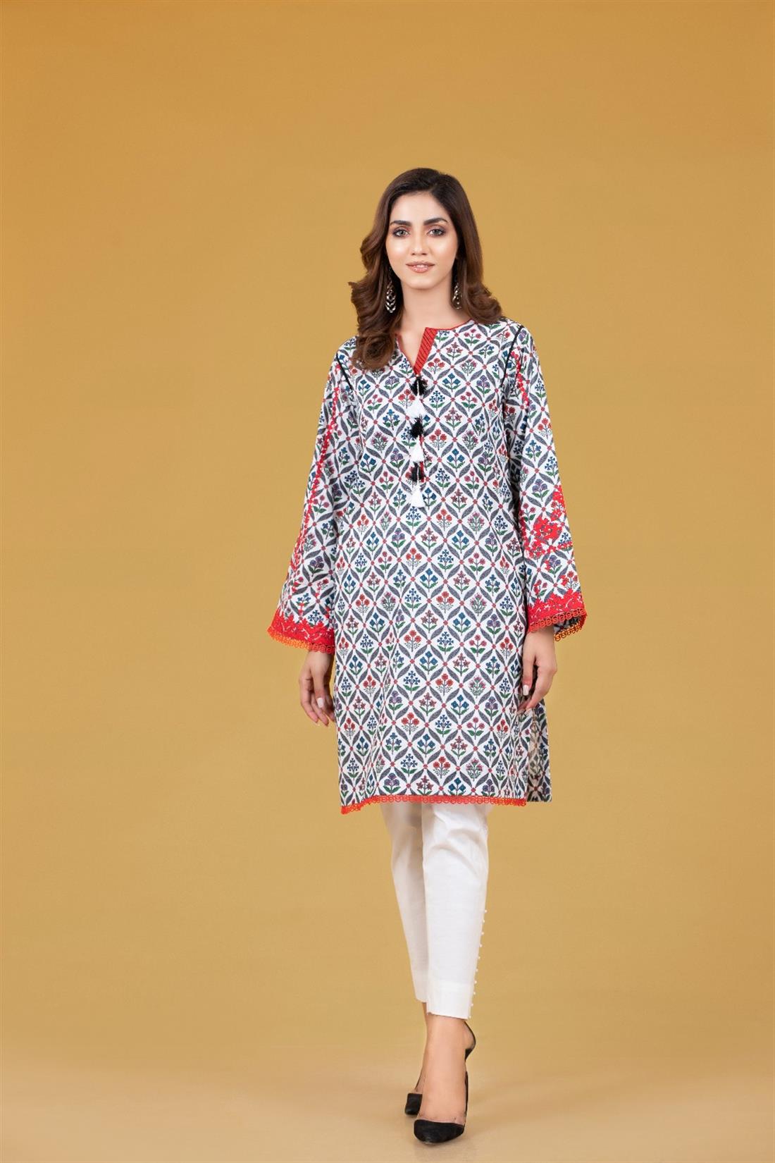White & Multicolour Cambric Digital Printed Emb Shirt