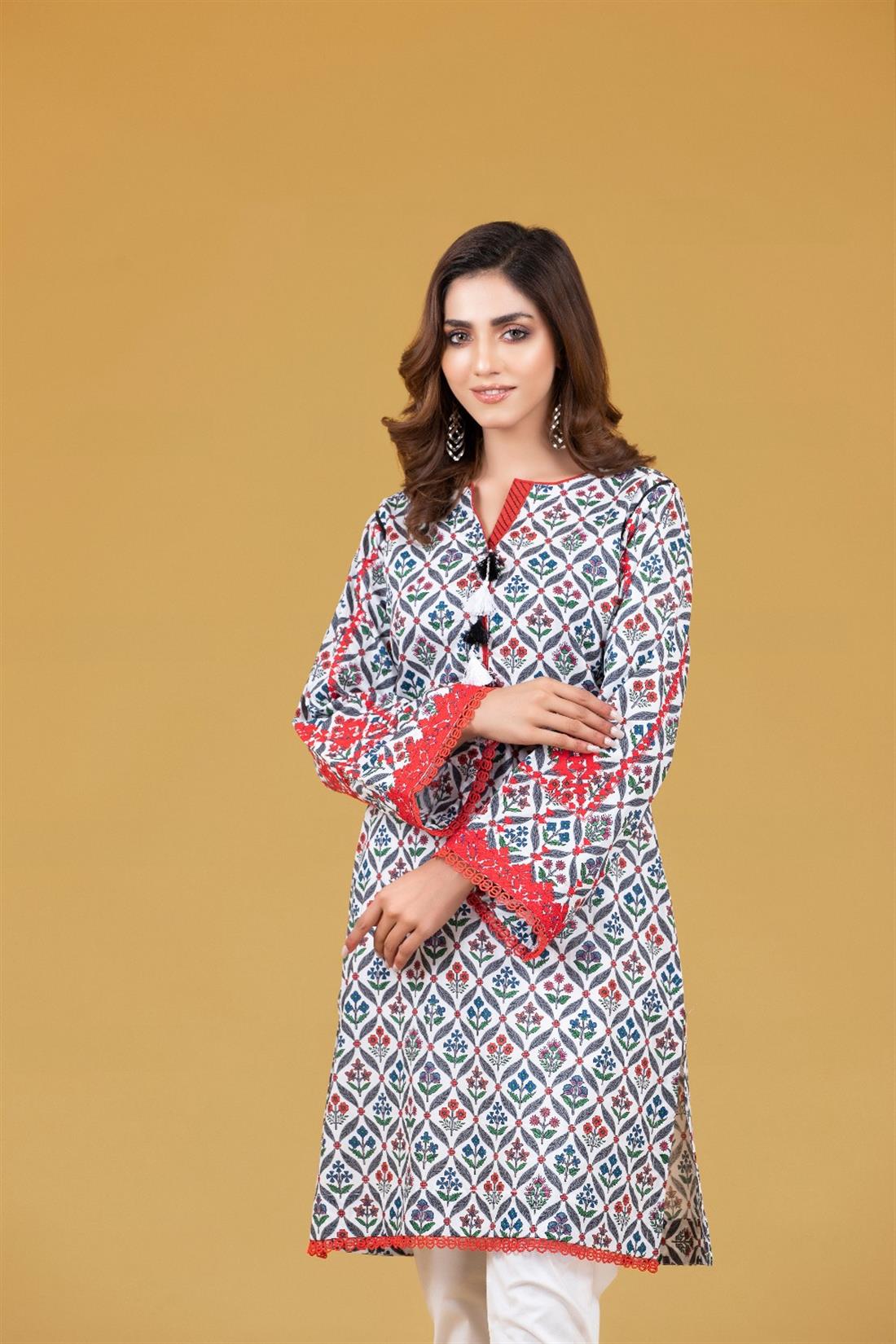 White & Multicolour Cambric Digital Printed Emb Shirt