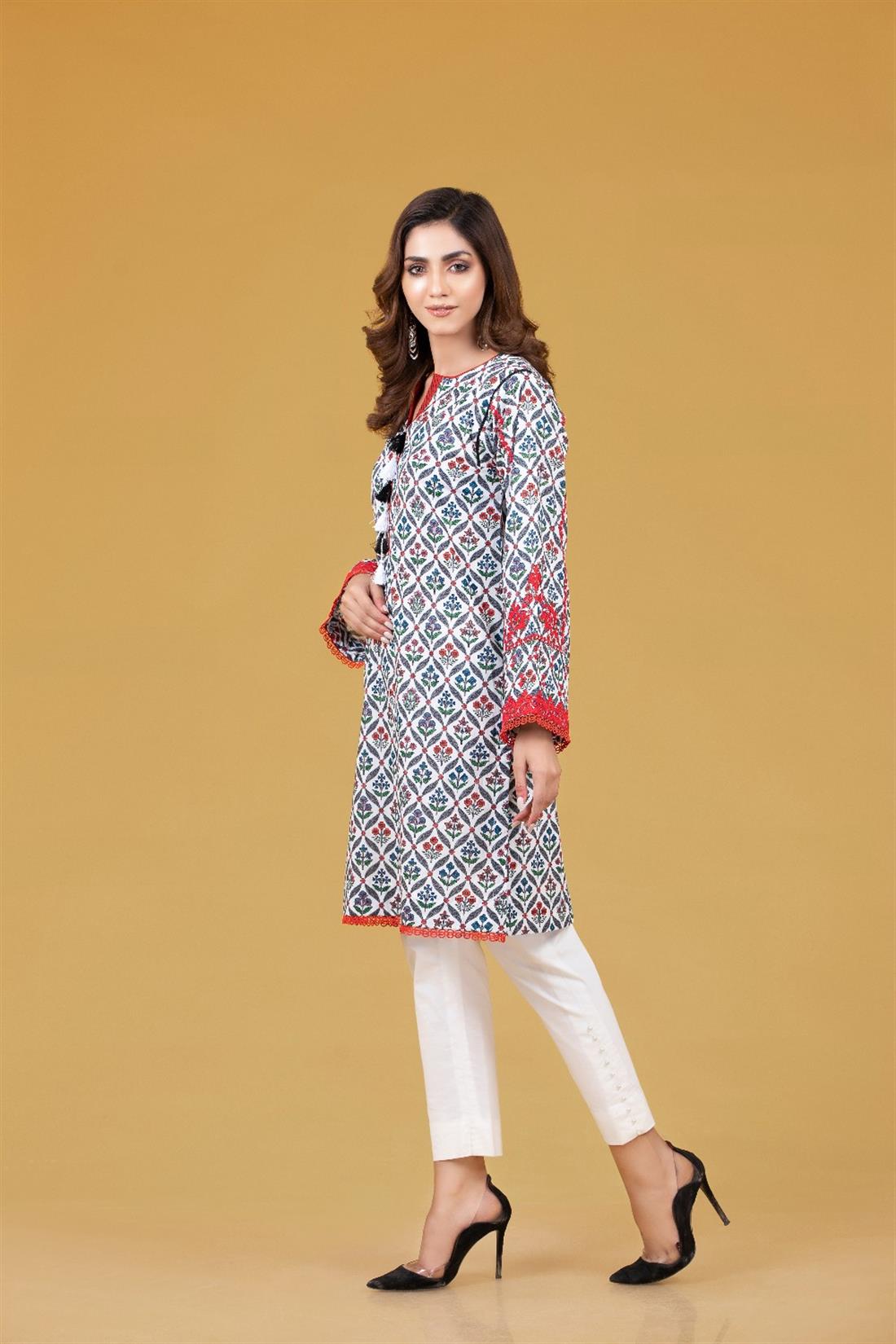 White & Multicolour Cambric Digital Printed Emb Shirt