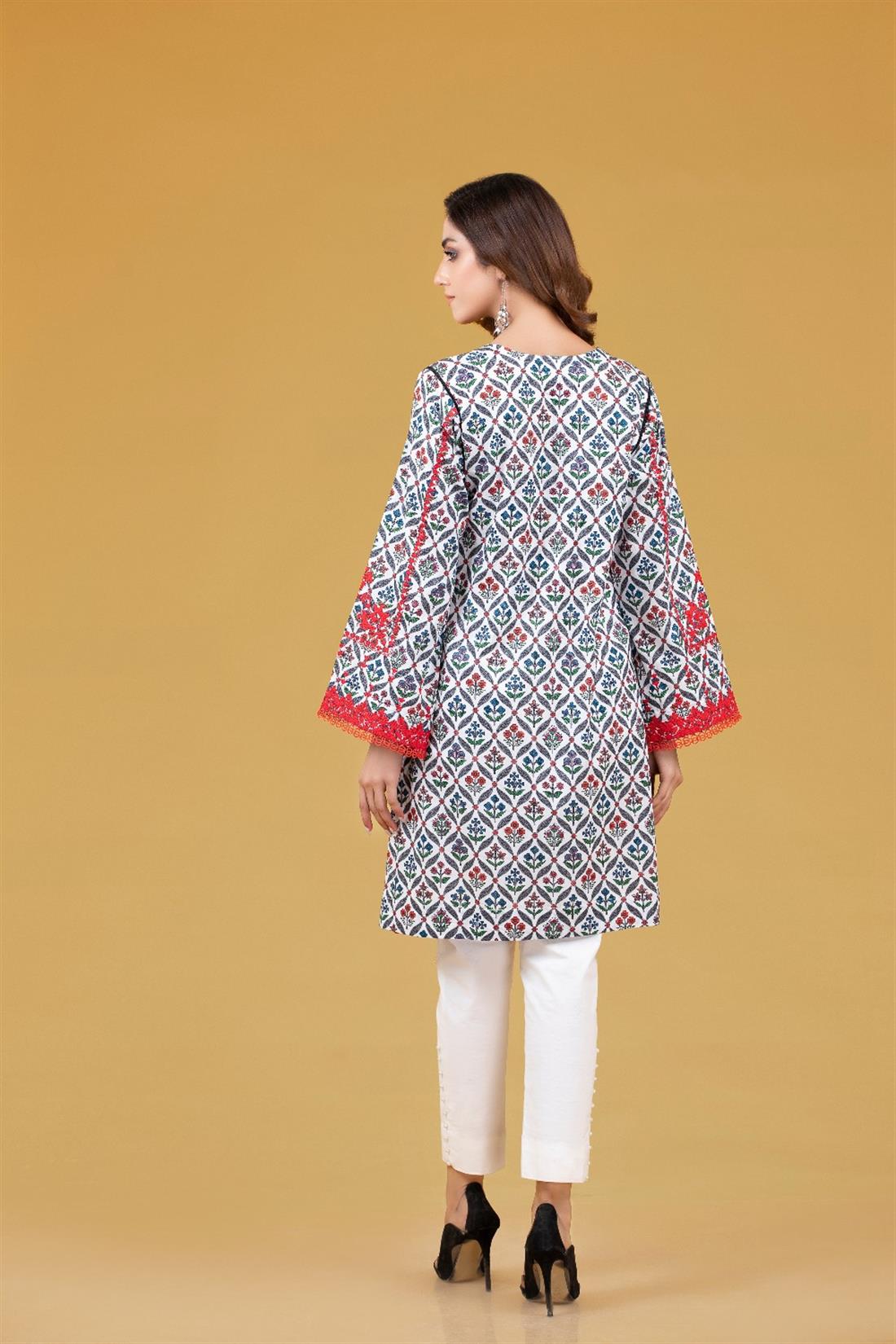 White & Multicolour Cambric Digital Printed Emb Shirt