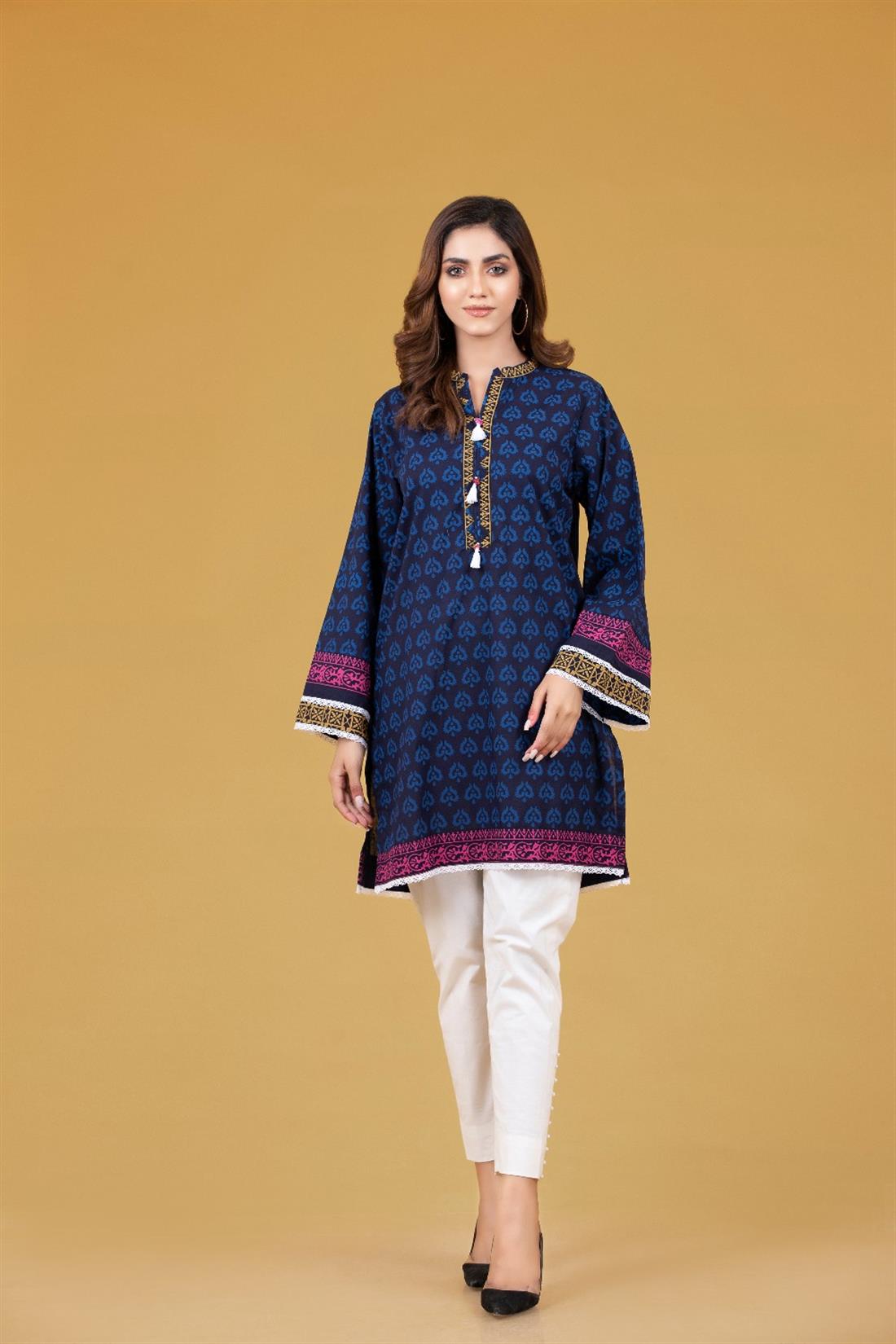 Navy Blue 1 PC Embroidered Lawn Screen Printed Shirt