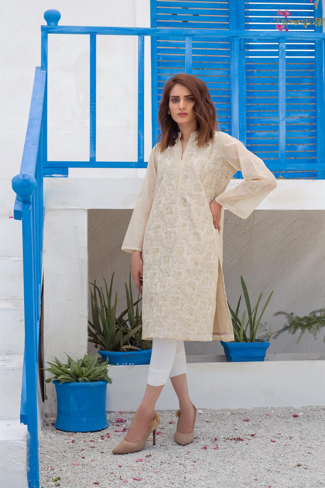 Beige Sequinned 1 PC Readymade Embroidered Designer Kurta