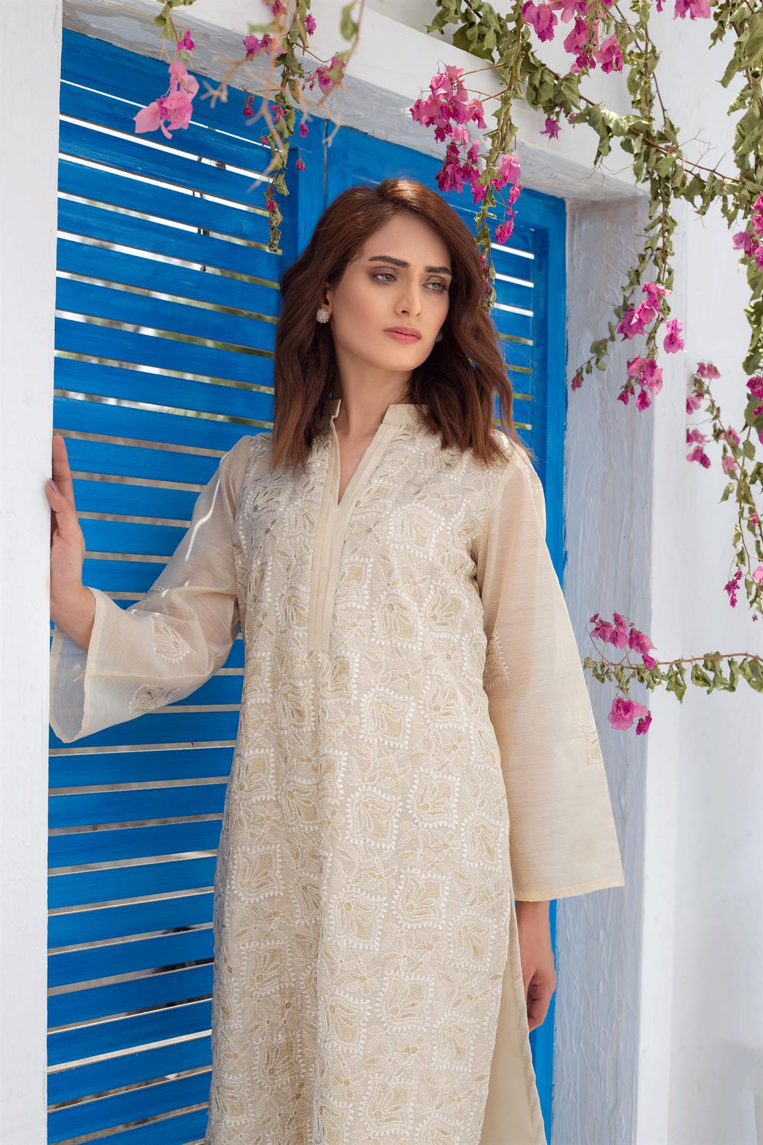Beige Sequinned 1 PC Readymade Embroidered Designer Kurta
