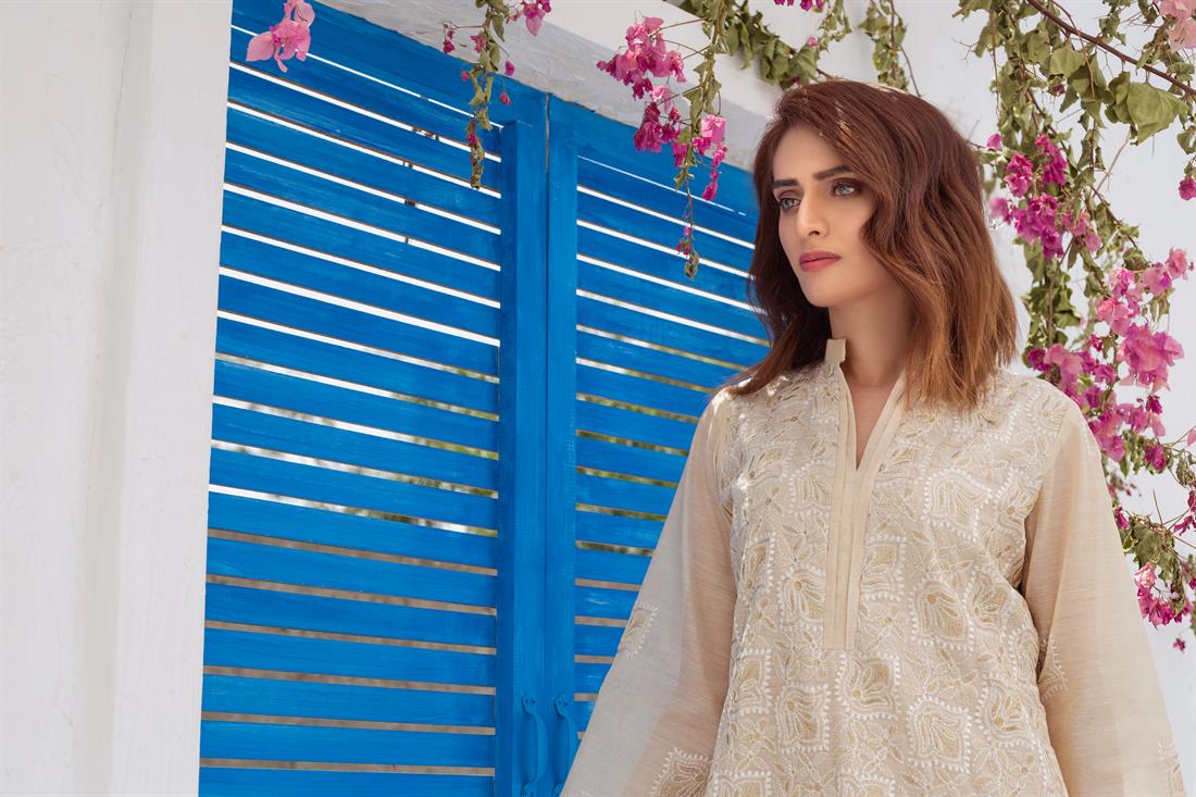 Beige Sequinned 1 PC Readymade Embroidered Designer Kurta