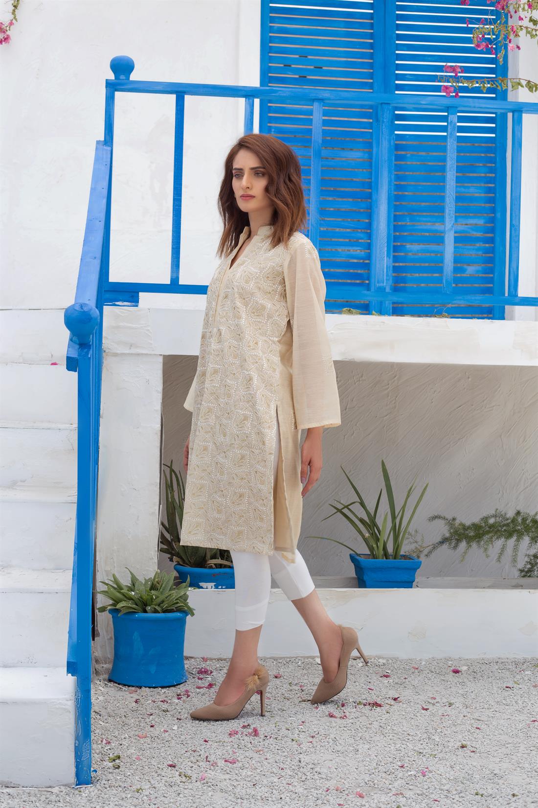 Beige Sequinned 1 PC Readymade Embroidered Designer Kurta