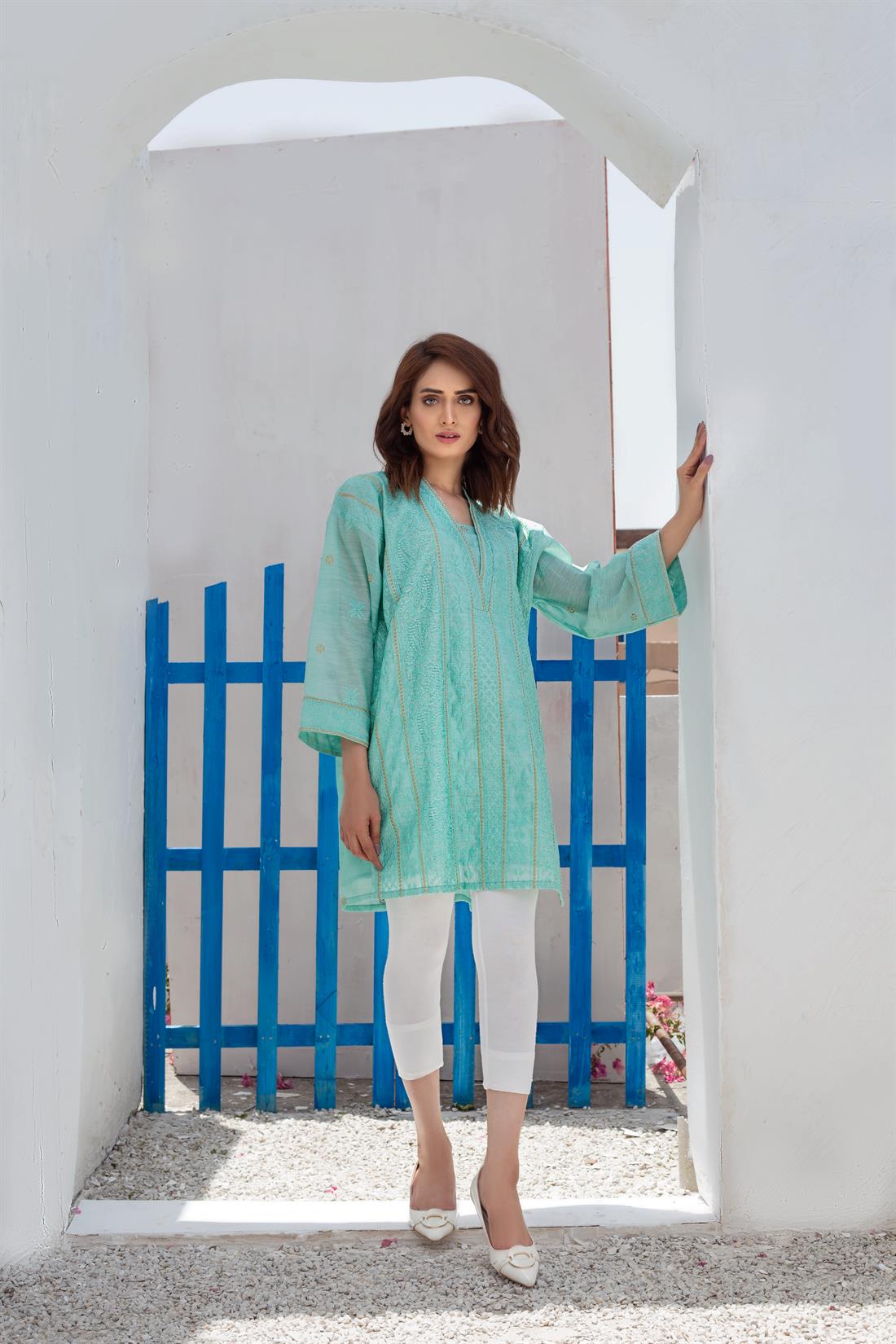 Aquamarine Sequinned Readymade Embroidered Designer Kurta
