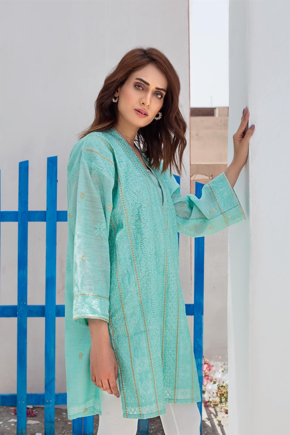 Aquamarine Sequinned Readymade Embroidered Designer Kurta