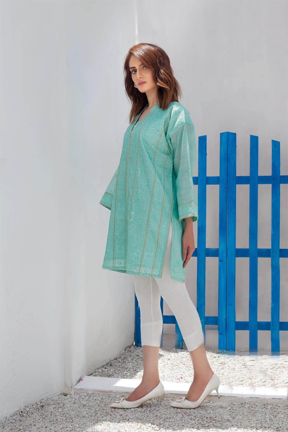 Aquamarine Sequinned Readymade Embroidered Designer Kurta