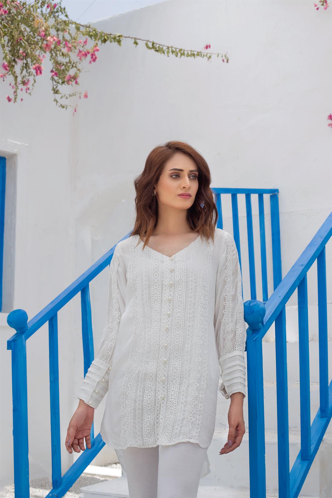 White Silk Readymade Modern Cut High Embroidered Kurta