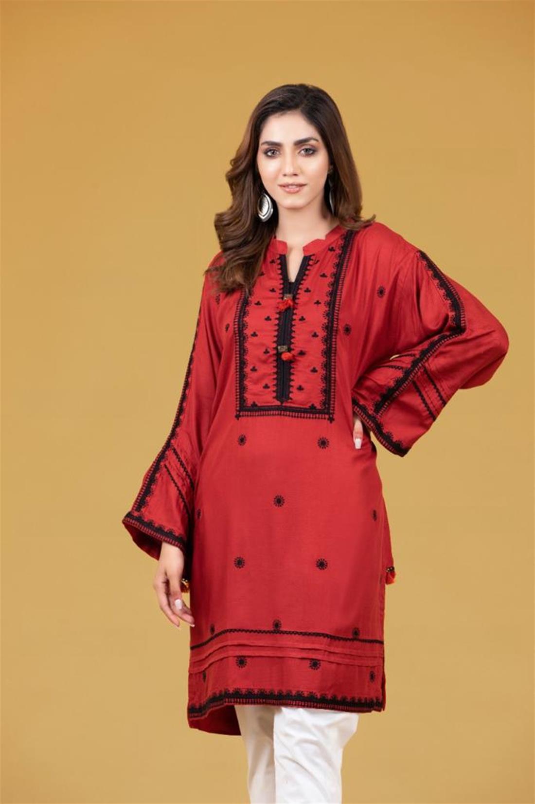 Red Twill Viscose Dyed Embroidered Shirt