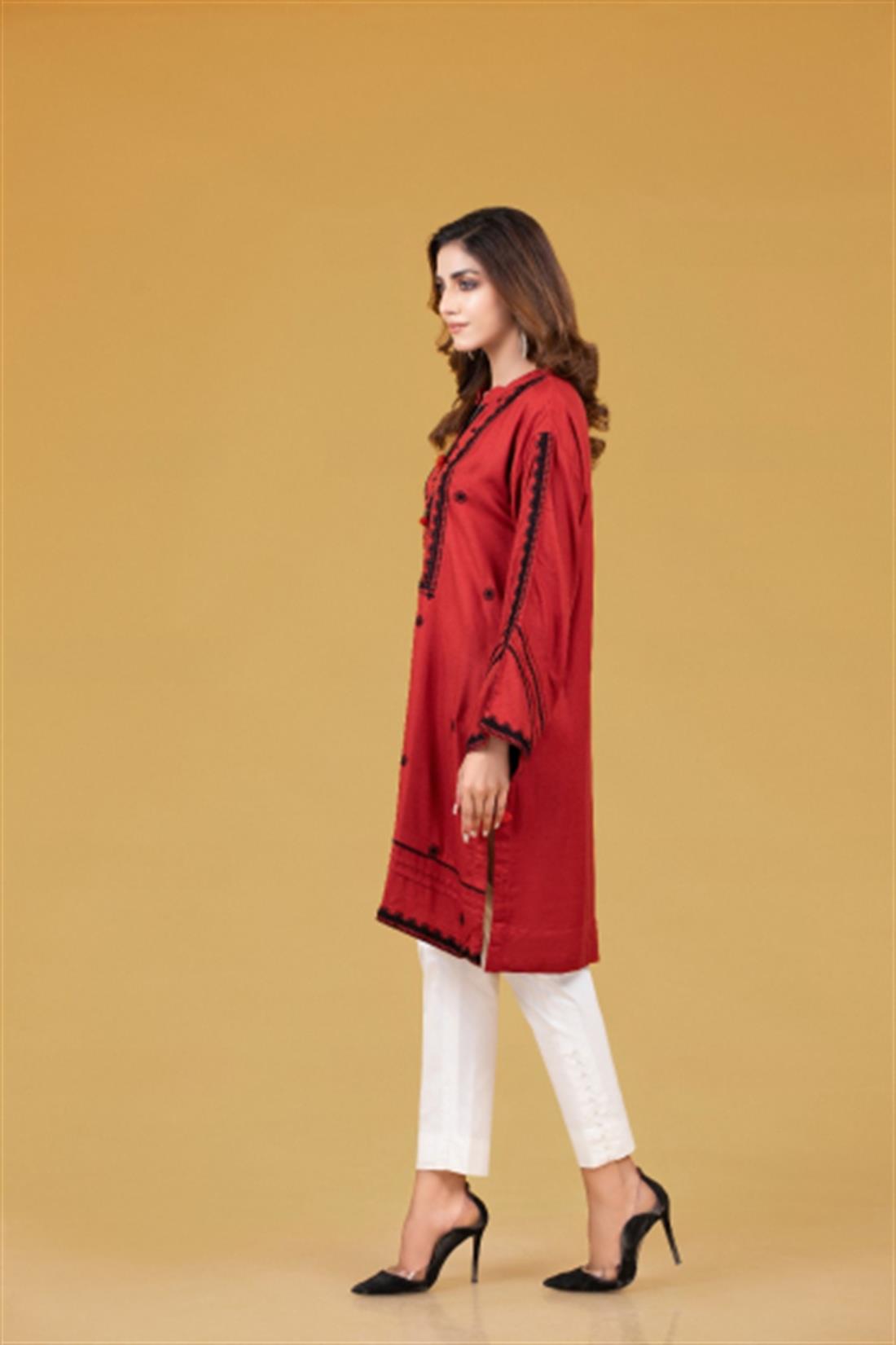 Red Twill Viscose Dyed Embroidered Shirt