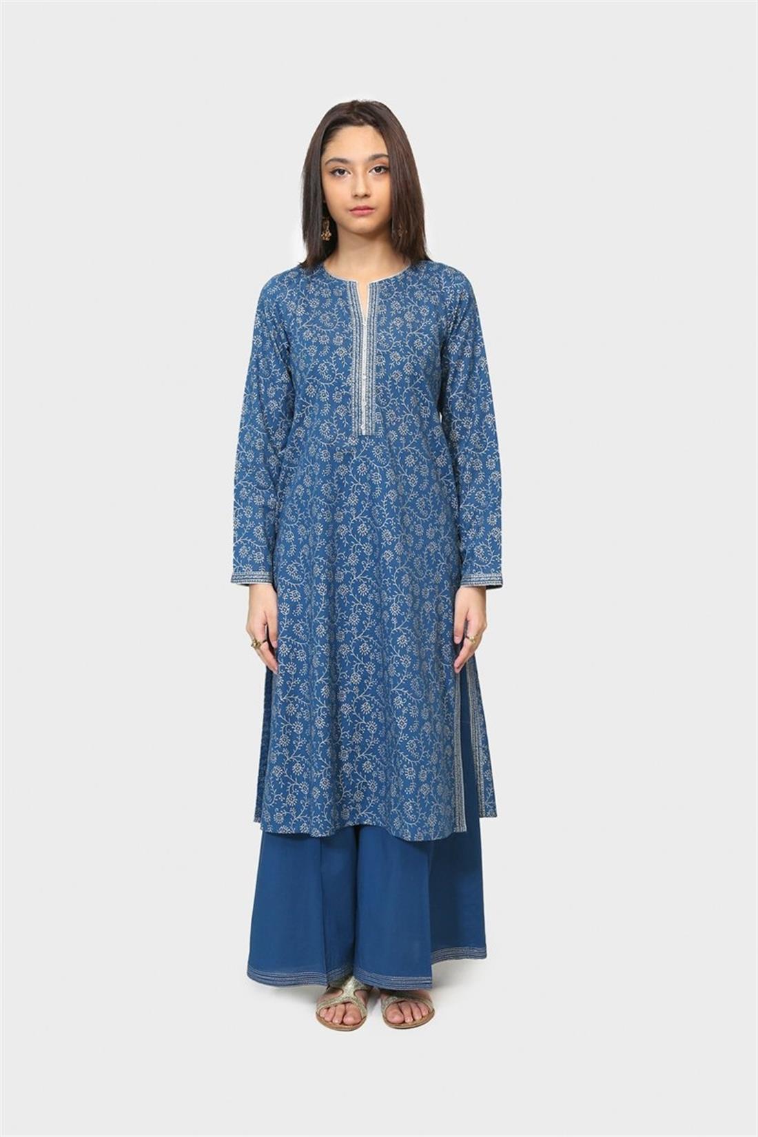 Blue Screen Printed Cotton Lawn Shirt with Culottes