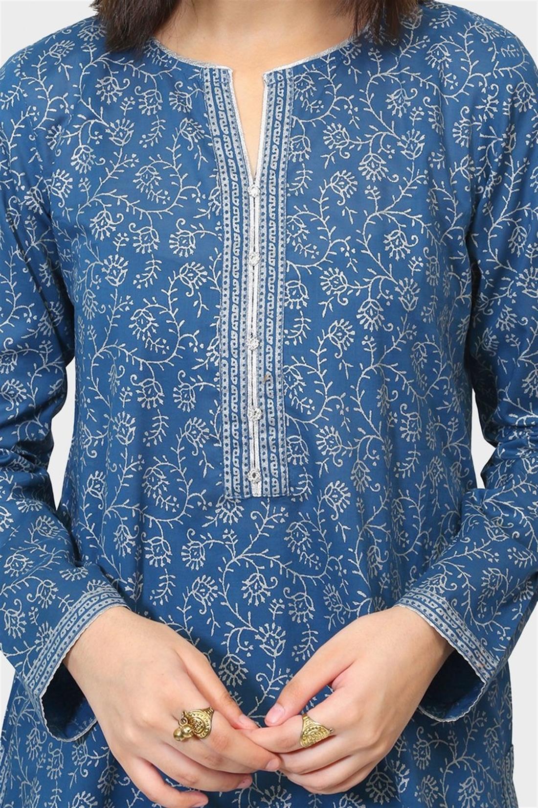Blue Screen Printed Cotton Lawn Shirt with Culottes