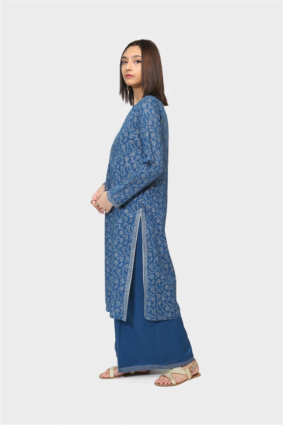 Blue Screen Printed Cotton Lawn Shirt with Culottes