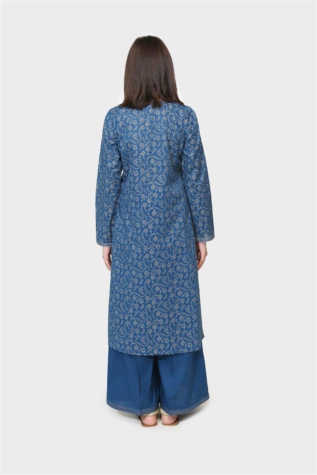 Blue Screen Printed Cotton Lawn Shirt with Culottes