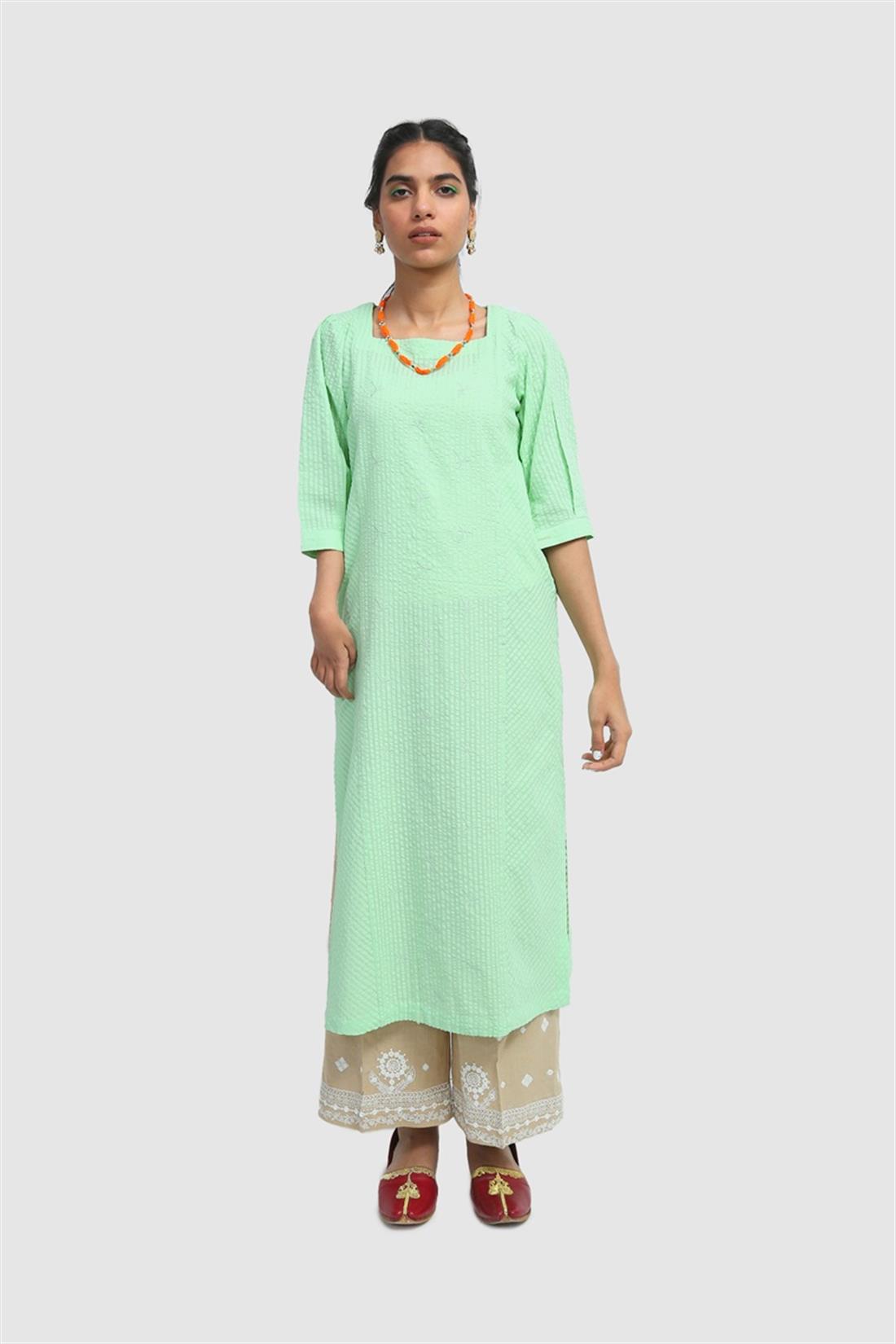 Green Striped Cotton Shirt with Embroidered Sleeve