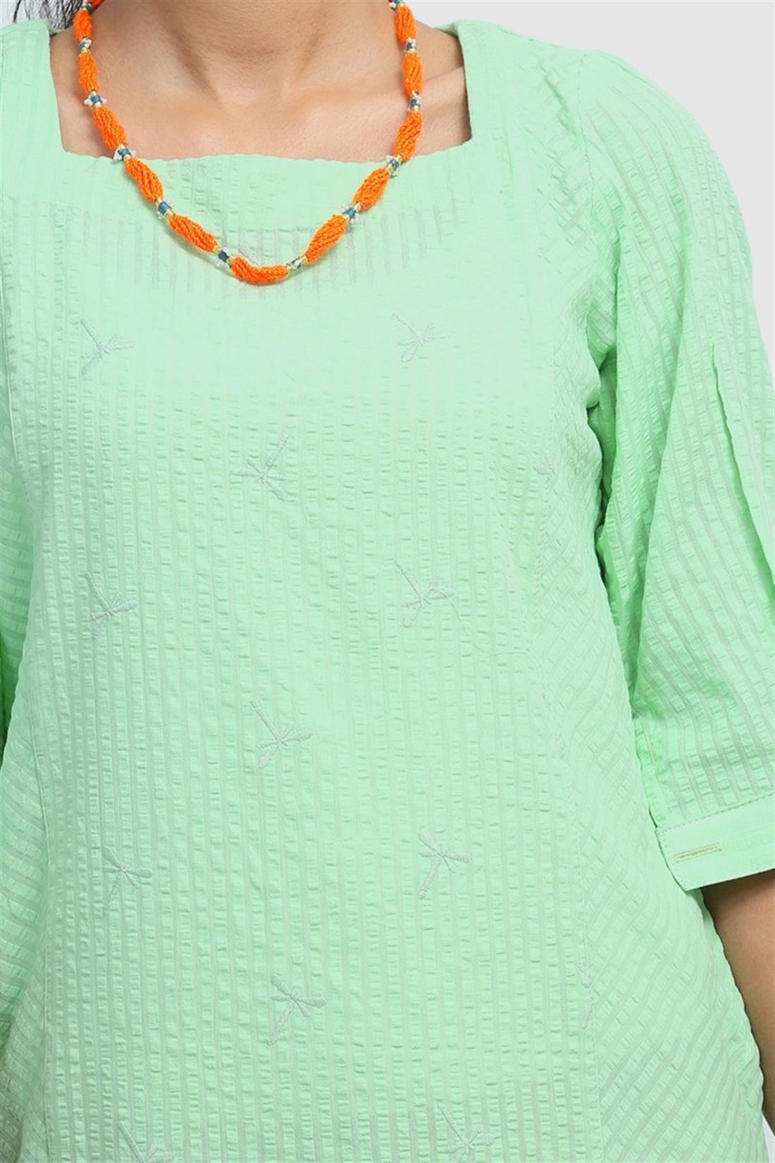 Green Striped Cotton Shirt with Embroidered Sleeve