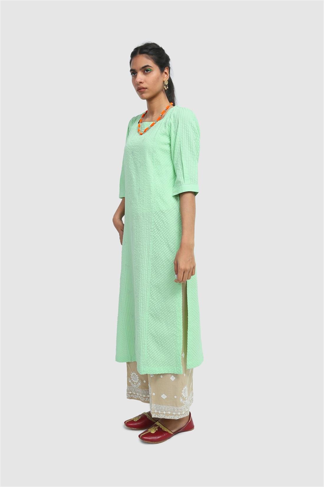Green Striped Cotton Shirt with Embroidered Sleeve