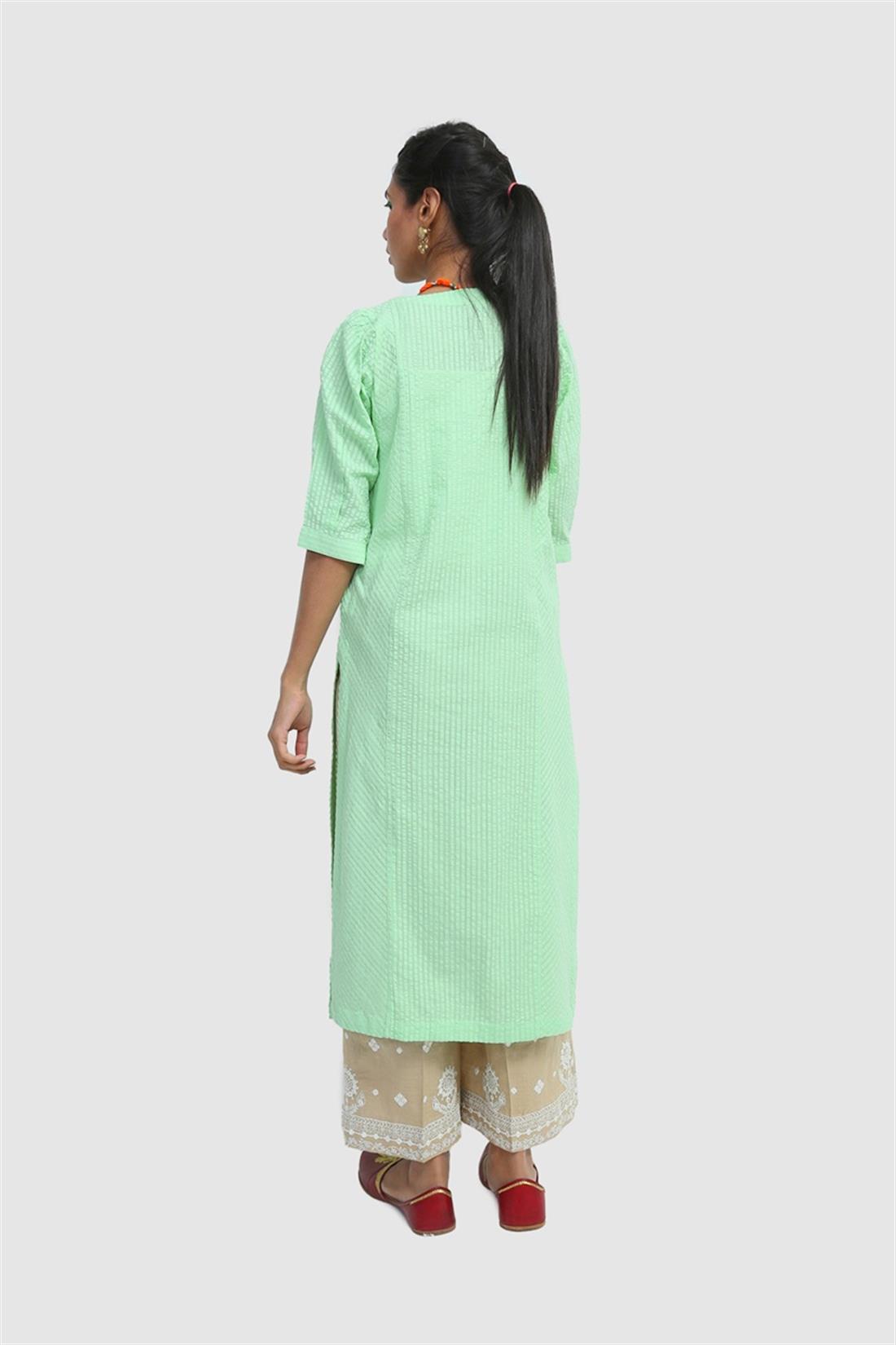 Green Striped Cotton Shirt with Embroidered Sleeve