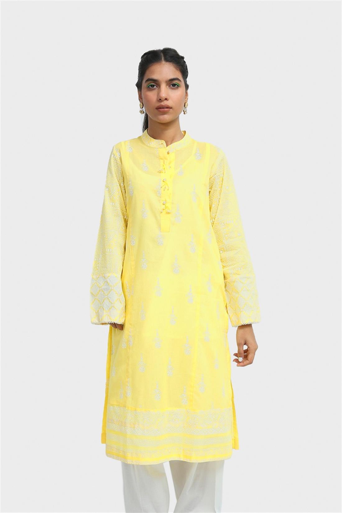 Yellow Lawn Sea Green Screen Printed Readymade Pastel Kurta