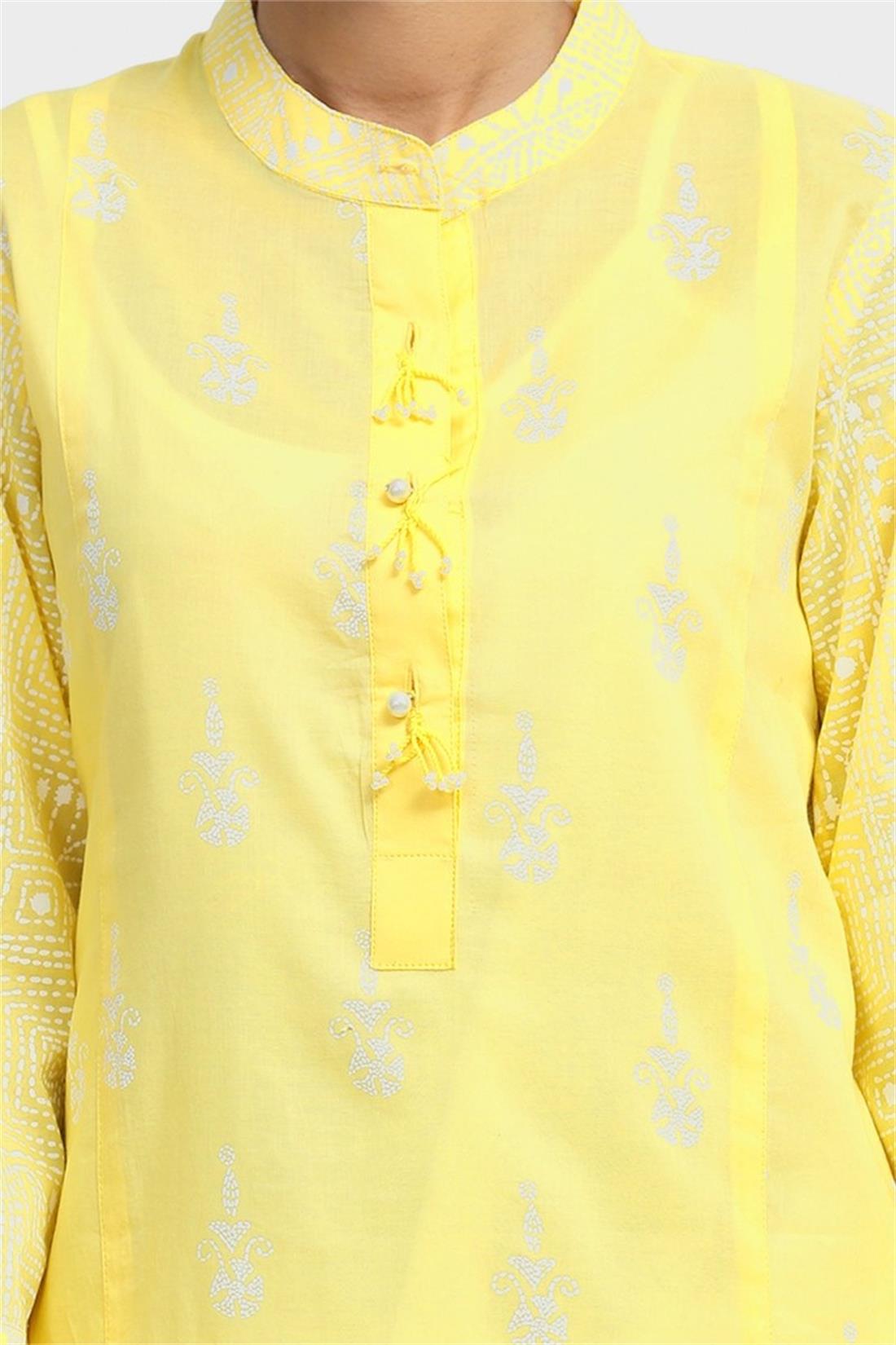 Yellow Lawn Sea Green Screen Printed Readymade Pastel Kurta