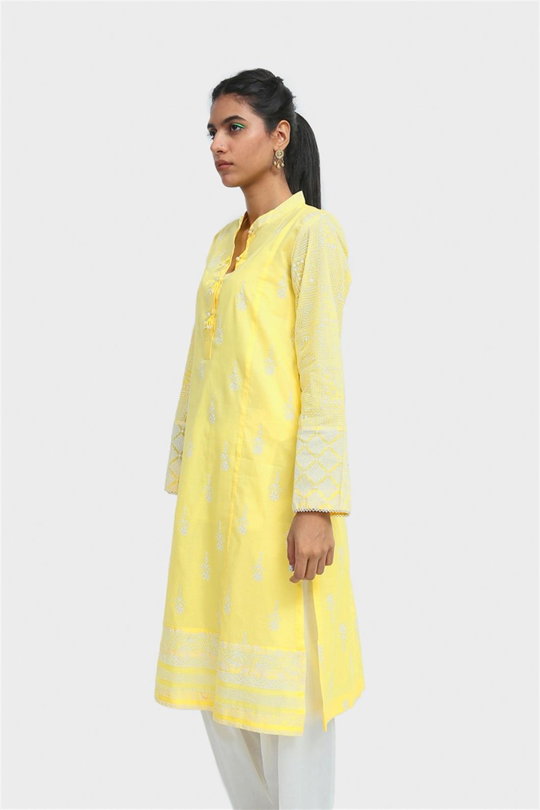 Yellow Lawn Sea Green Screen Printed Readymade Pastel Kurta