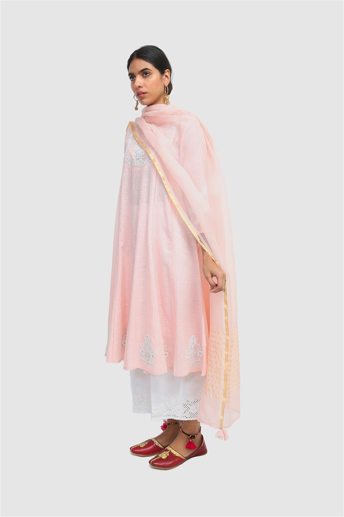 Pink Lawn Kalidaar Frock with Mirror Work Embroidery