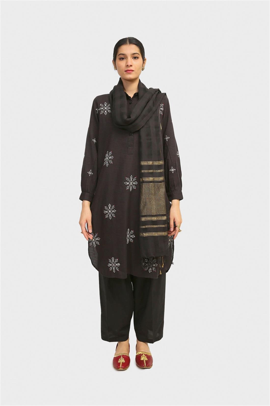 Black Embroidered Jacquard Readymade Collared Kurta with Striped Dupatta