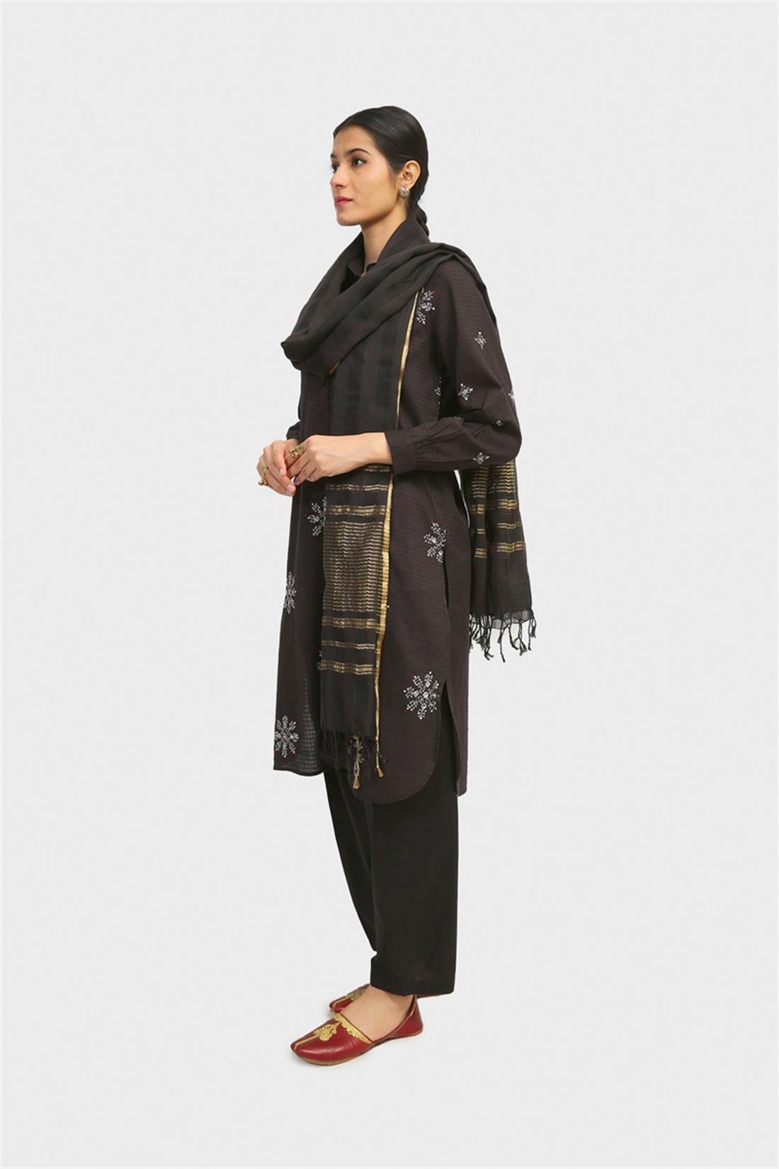 Black Embroidered Jacquard Readymade Collared Kurta with Striped Dupatta