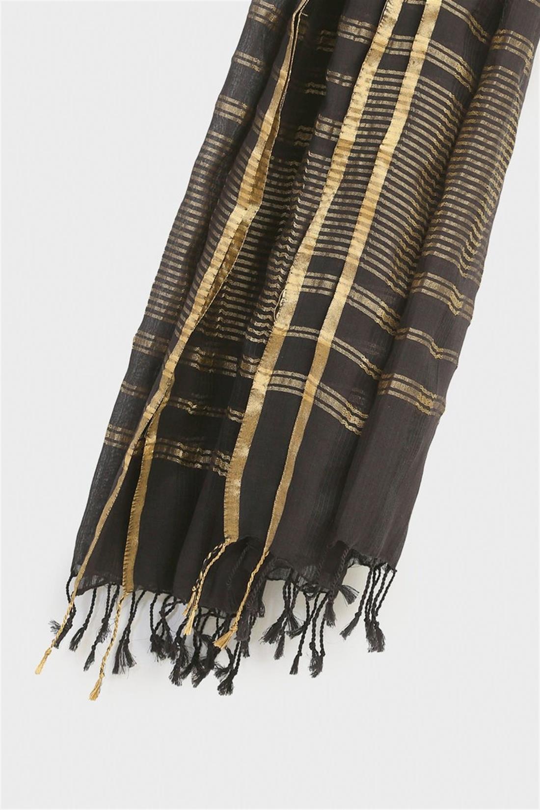 Black Embroidered Jacquard Readymade Collared Kurta with Striped Dupatta