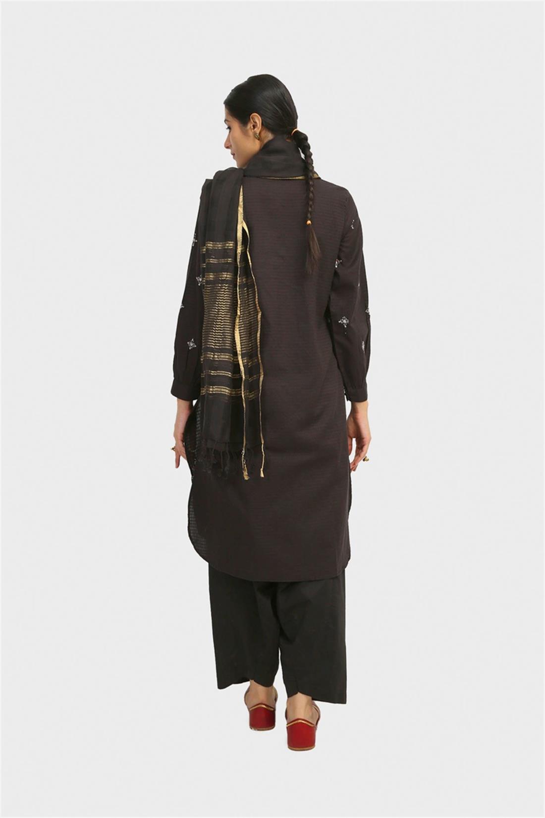 Black Embroidered Jacquard Readymade Collared Kurta with Striped Dupatta