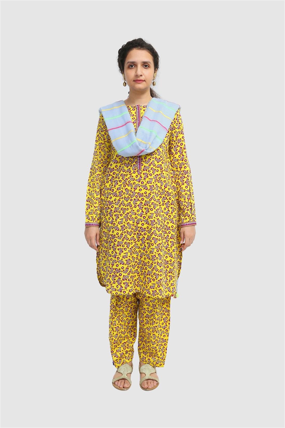 Yellow Jacquard Printed Kurta with Matching Shalwar & Dupatta