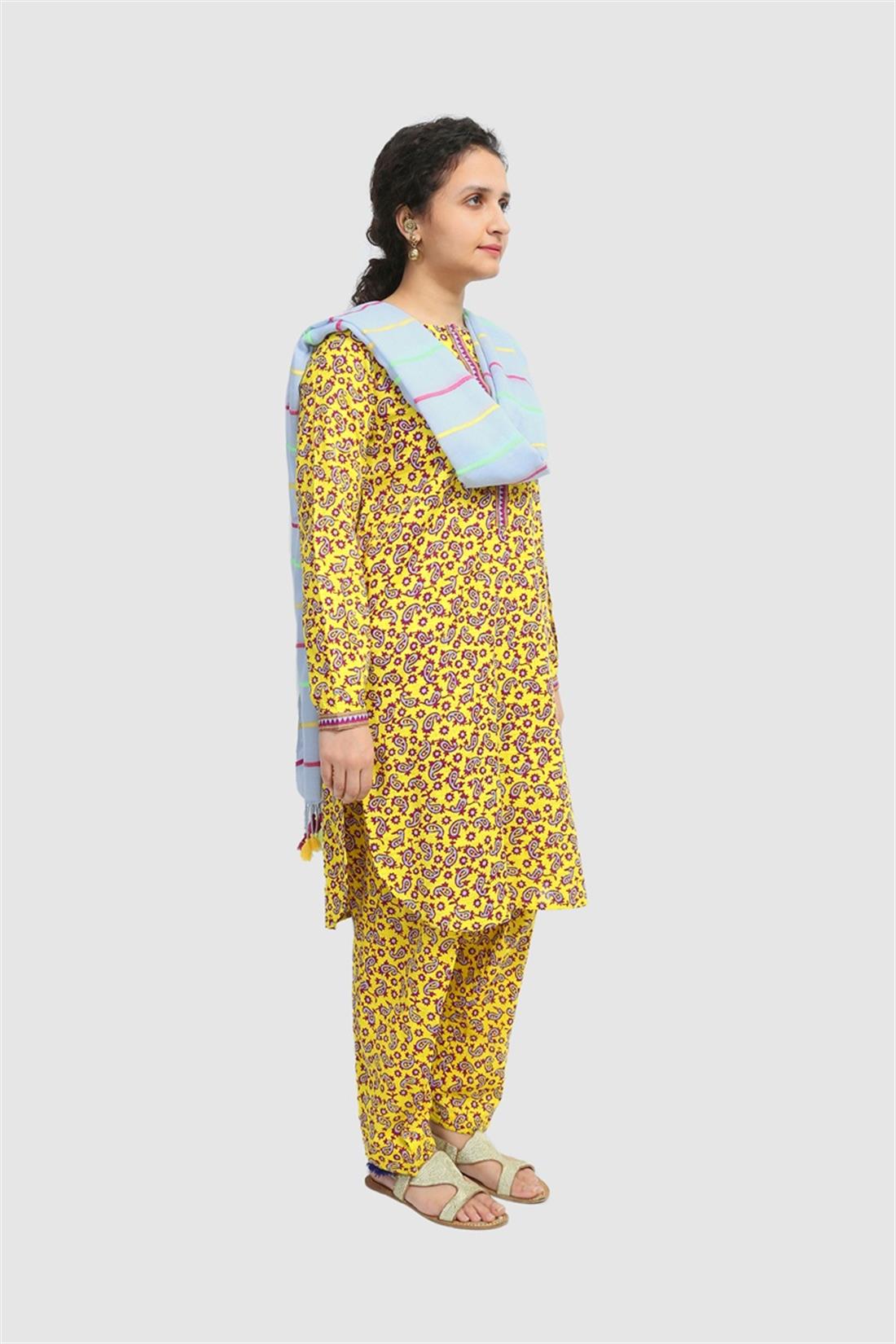 Yellow Jacquard Printed Kurta with Matching Shalwar & Dupatta