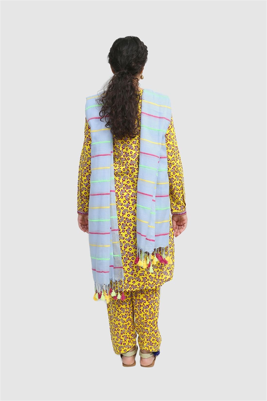 Yellow Jacquard Printed Kurta with Matching Shalwar & Dupatta