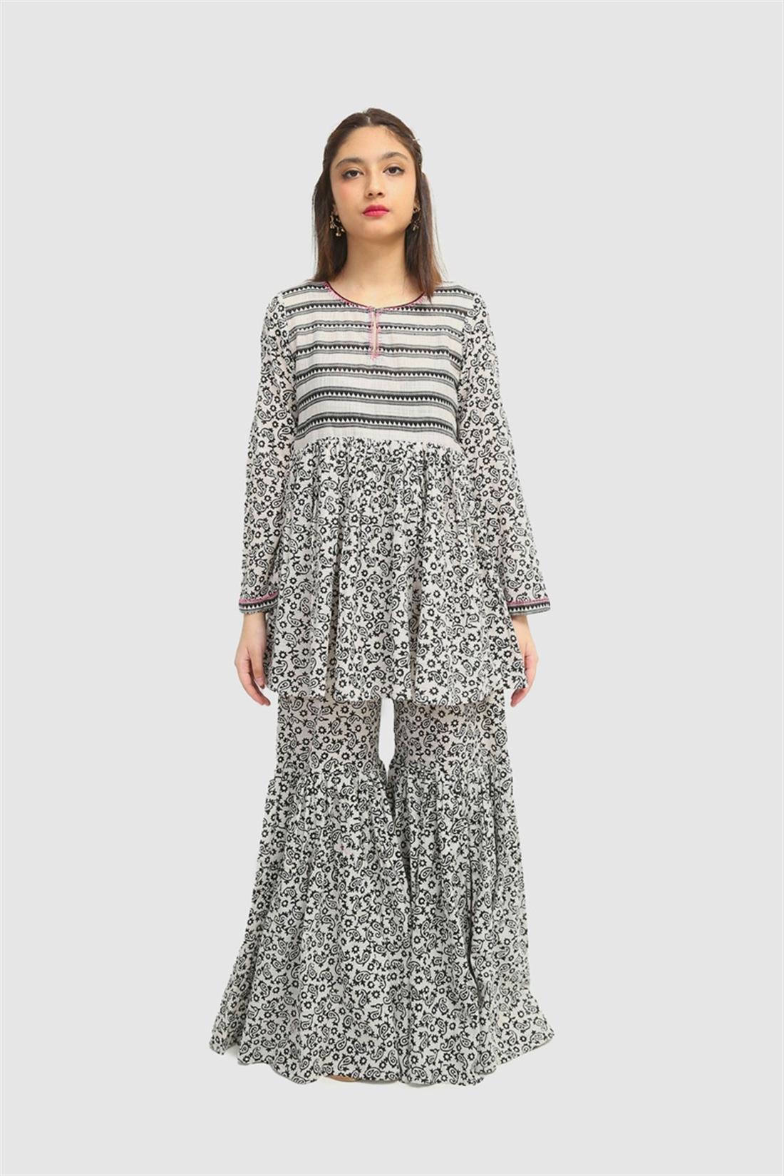 White & Black 2 Piece Peplum Kurta with Gharara
