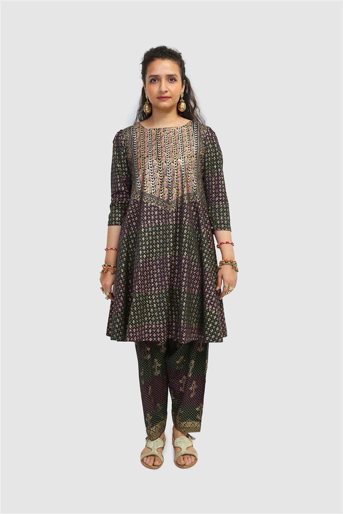 Black 2 Piece Block Printed Flared Shirt with Shalwar