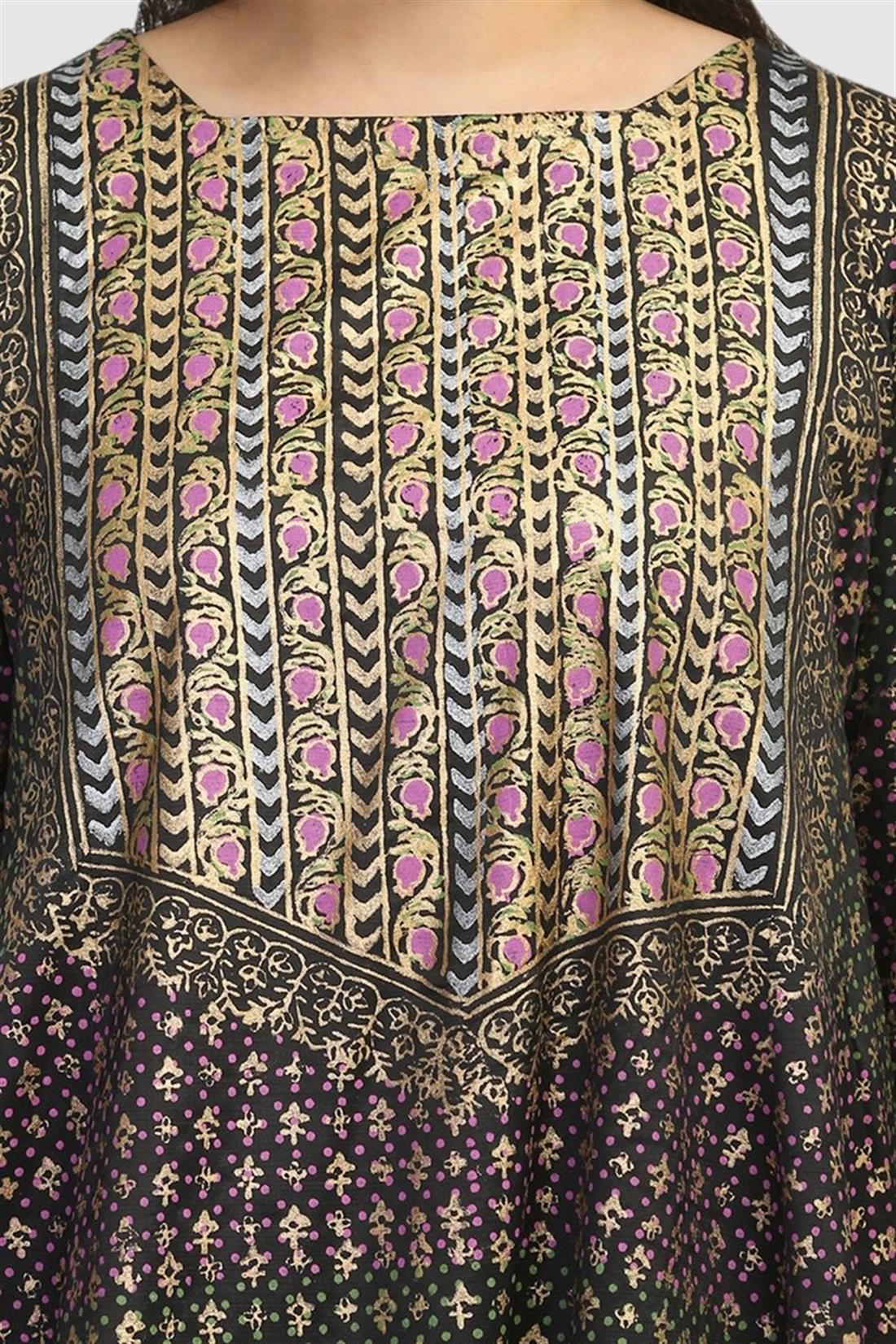 Black 2 Piece Block Printed Flared Shirt with Shalwar