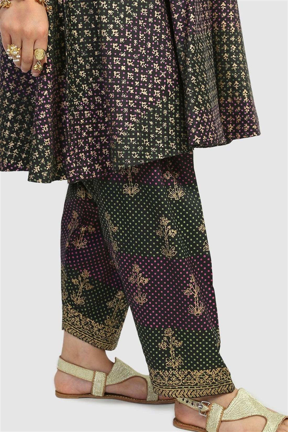 Black 2 Piece Block Printed Flared Shirt with Shalwar