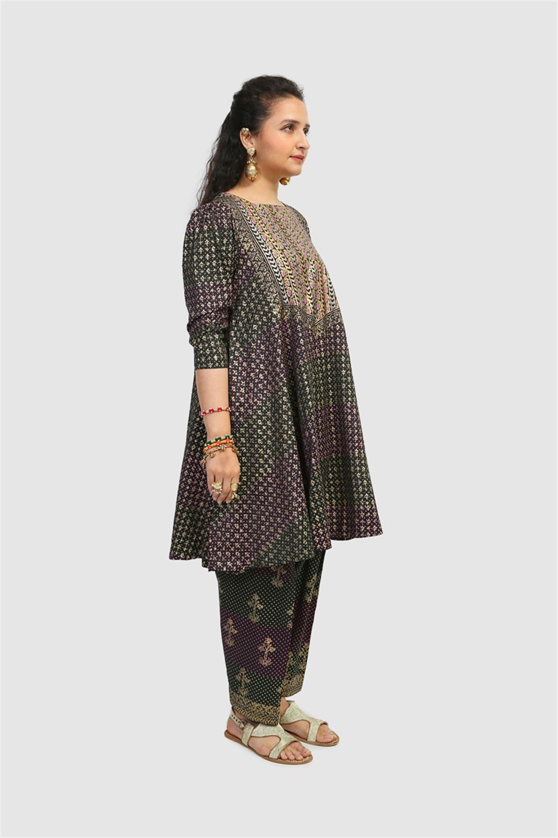 Black 2 Piece Block Printed Flared Shirt with Shalwar