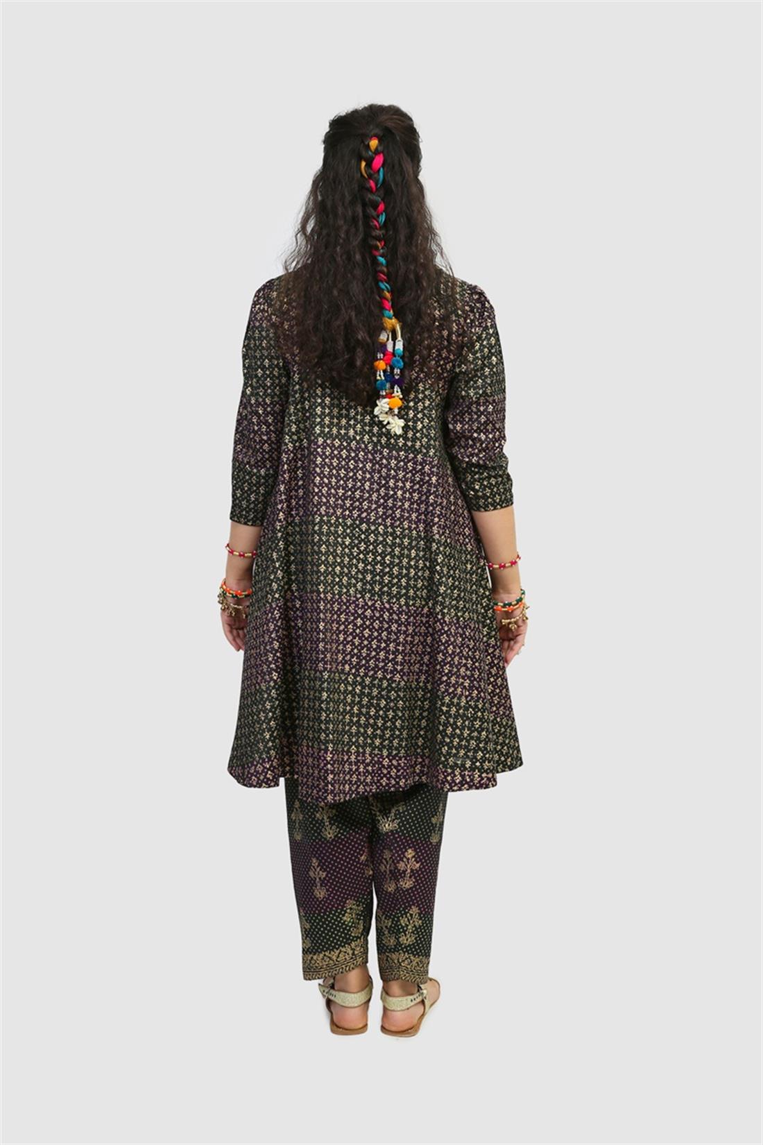 Black 2 Piece Block Printed Flared Shirt with Shalwar