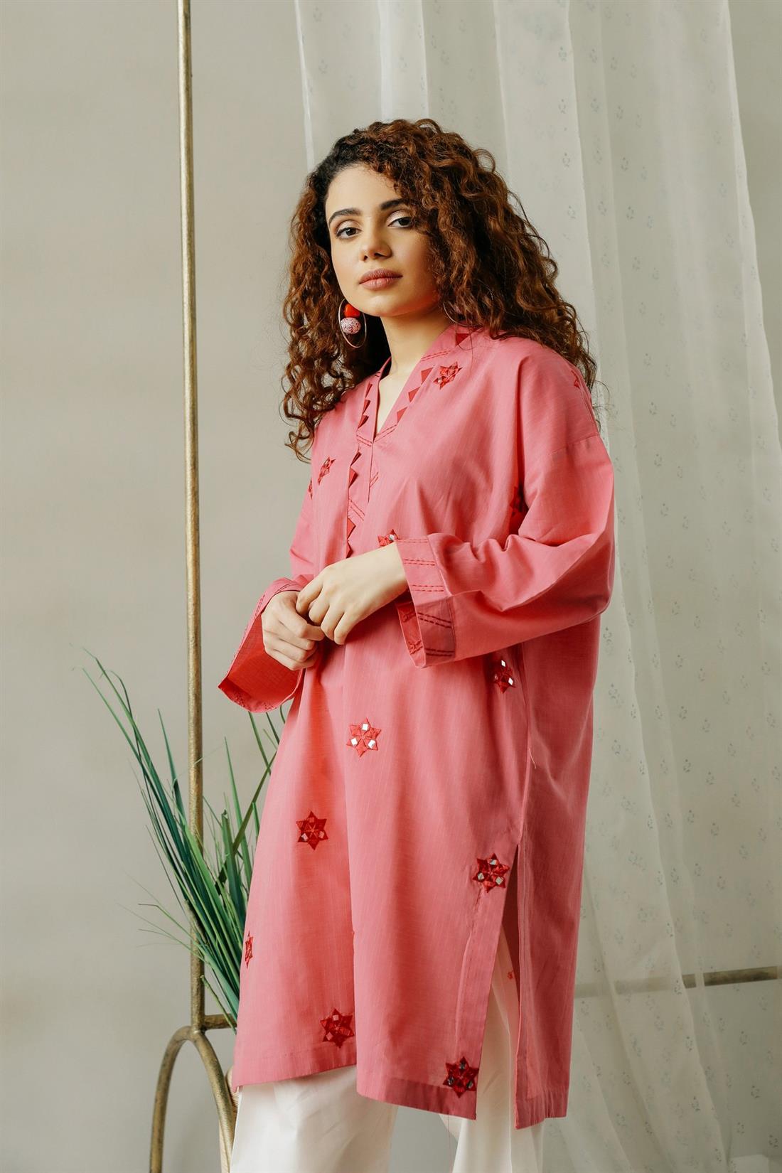 Pink 1 PC Artistic Embroidered Readymade Lawn Shirt
