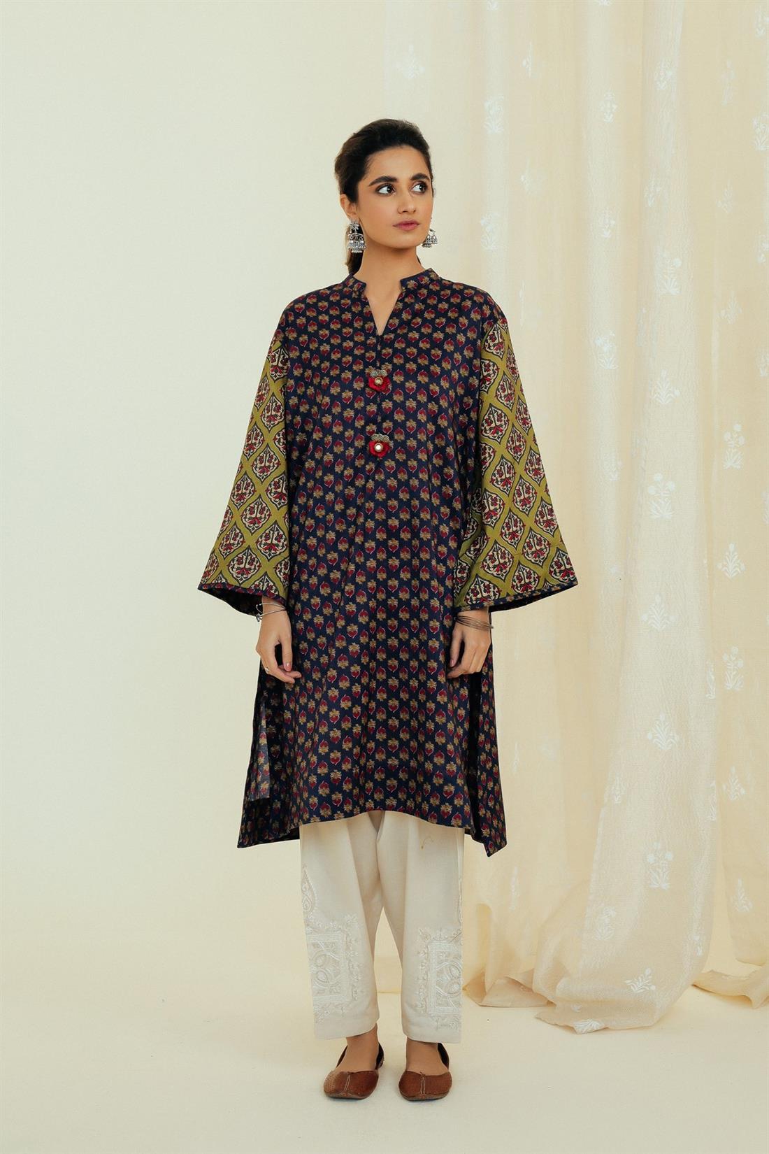 Navy Blue Printed Silk Ethnic Designer Ladies Ready to Wear Suits