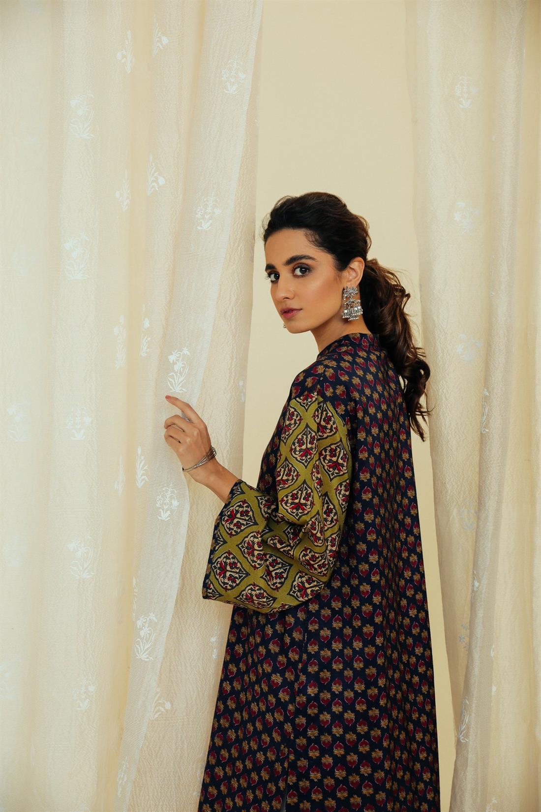 Navy Blue Printed Silk Ethnic Designer Ladies Ready to Wear Suits
