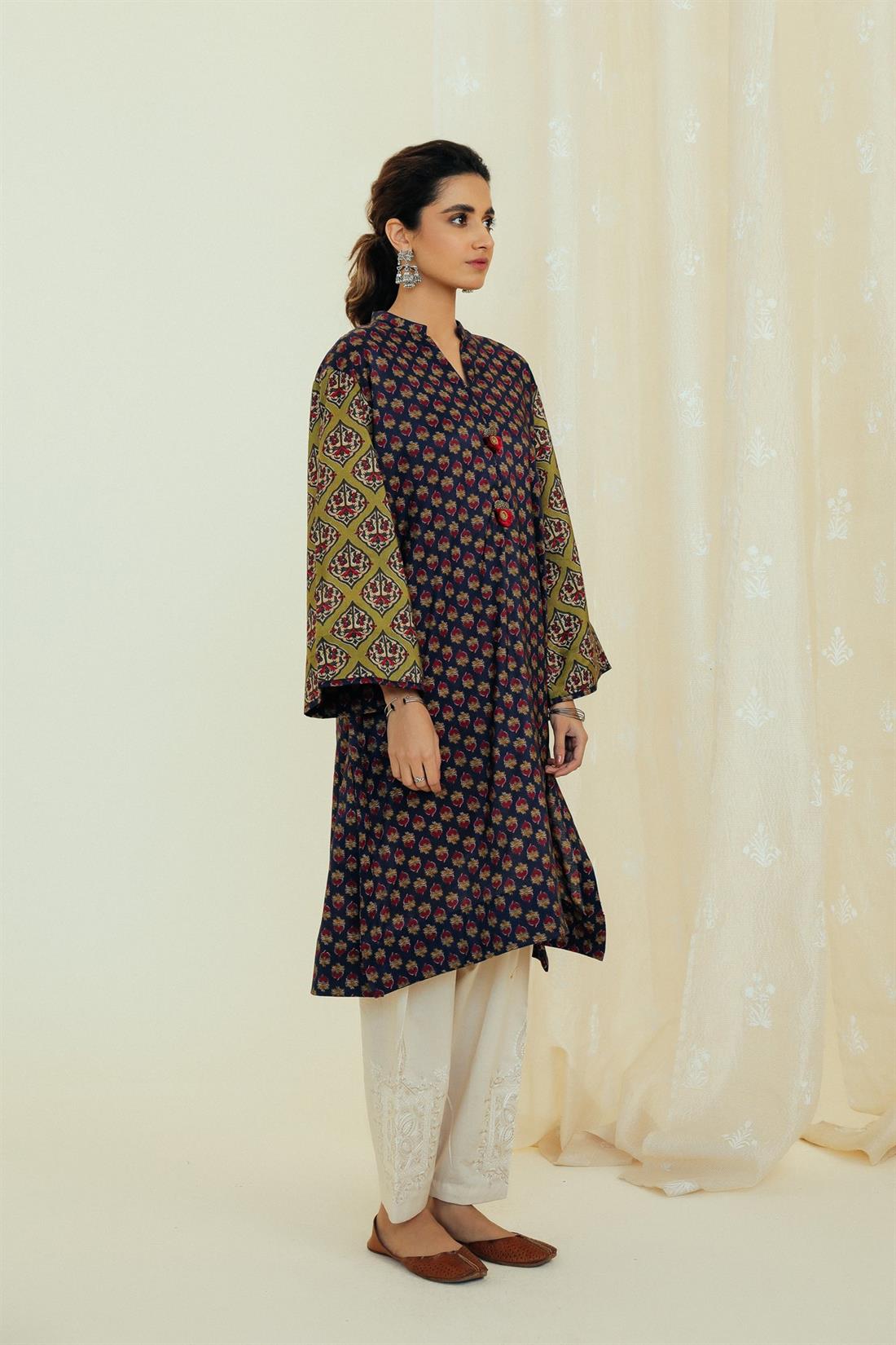 Navy Blue Printed Silk Ethnic Designer Ladies Ready to Wear Suits