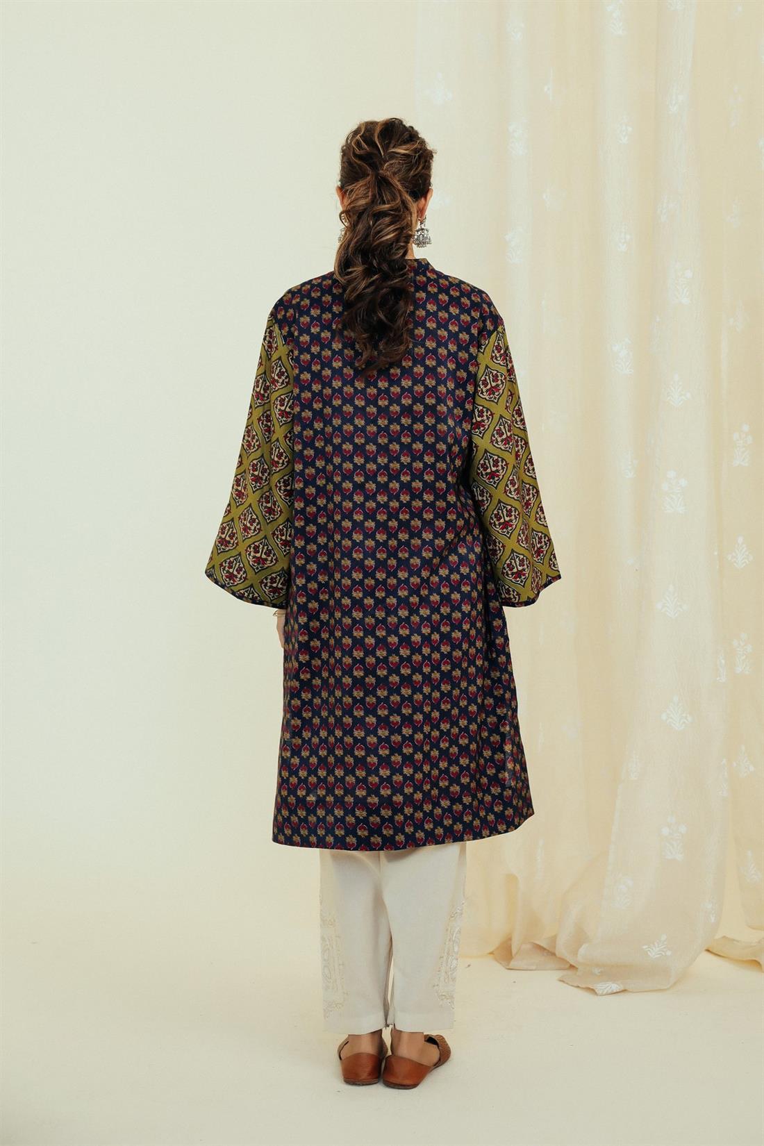 Navy Blue Printed Silk Ethnic Designer Ladies Ready to Wear Suits