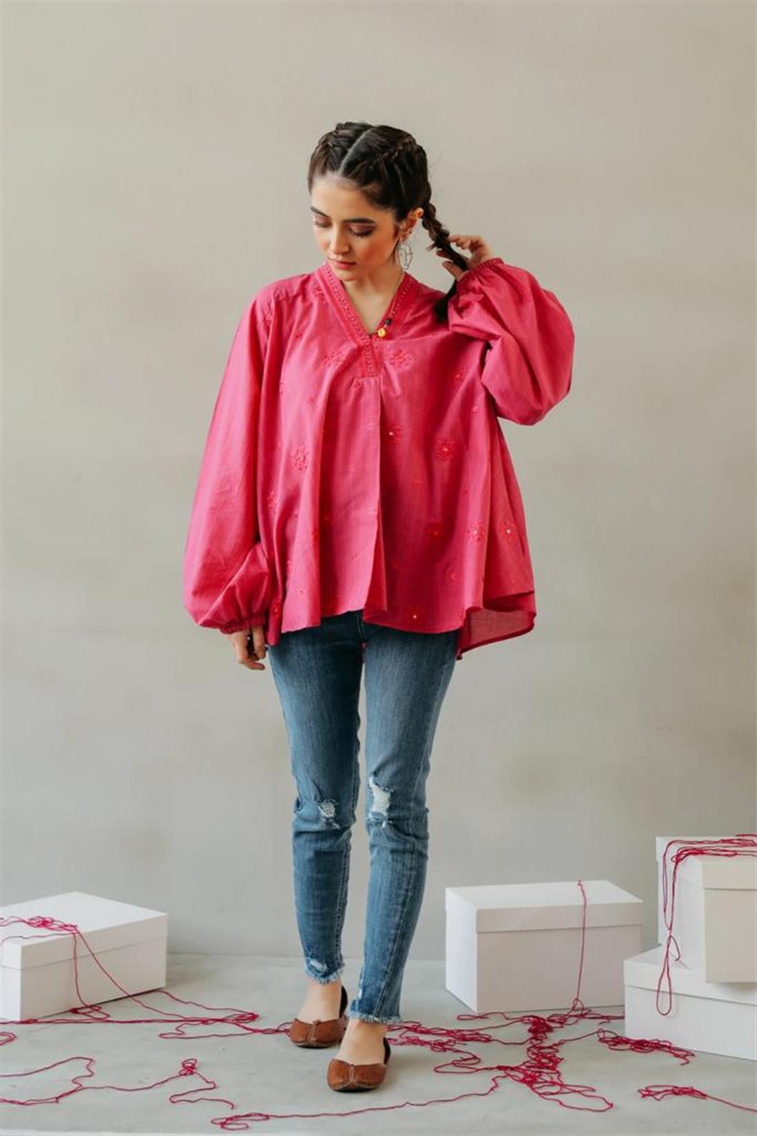 Pink 1 PC Readymade Embroidered Cotton Linen Kurti